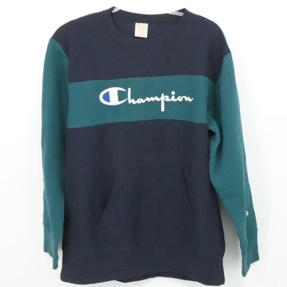 Champion Sweatshirt Mens‎ Medium Navy Teal Reverse Weave Warm Up Pullover Logo - Picture 1 of 12